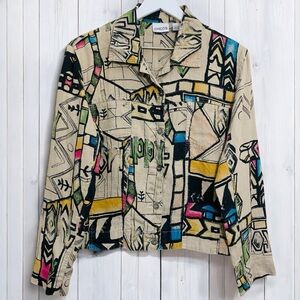 Chico’s 100% Linen Abstract Graffiti Wearable Artistic Button Down Jacket Medium